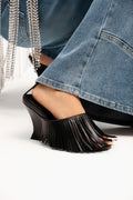 Leather Fringe Wedge Sandals