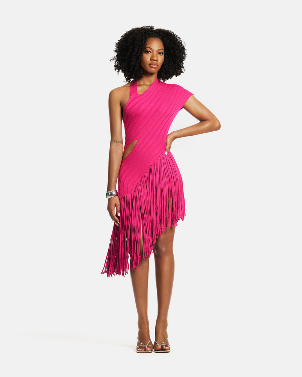 One-Shoulder Fringe Mini Dress