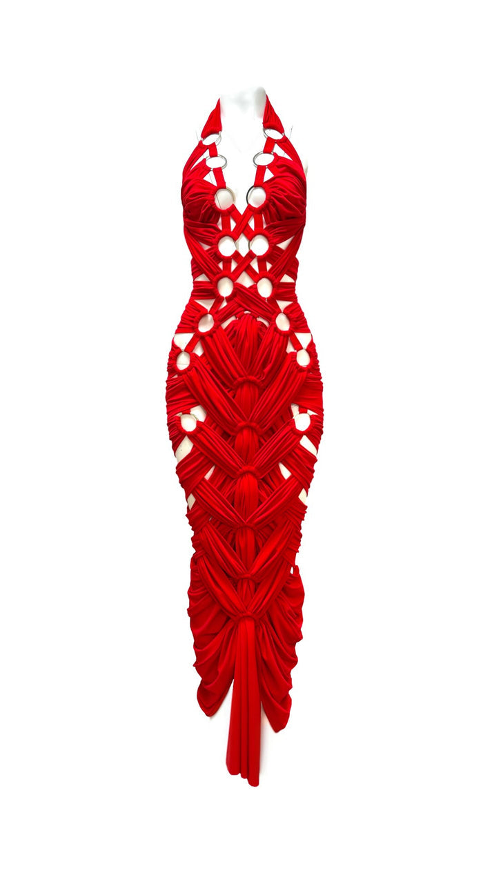 Red Macramé Cutout Maxi Dress