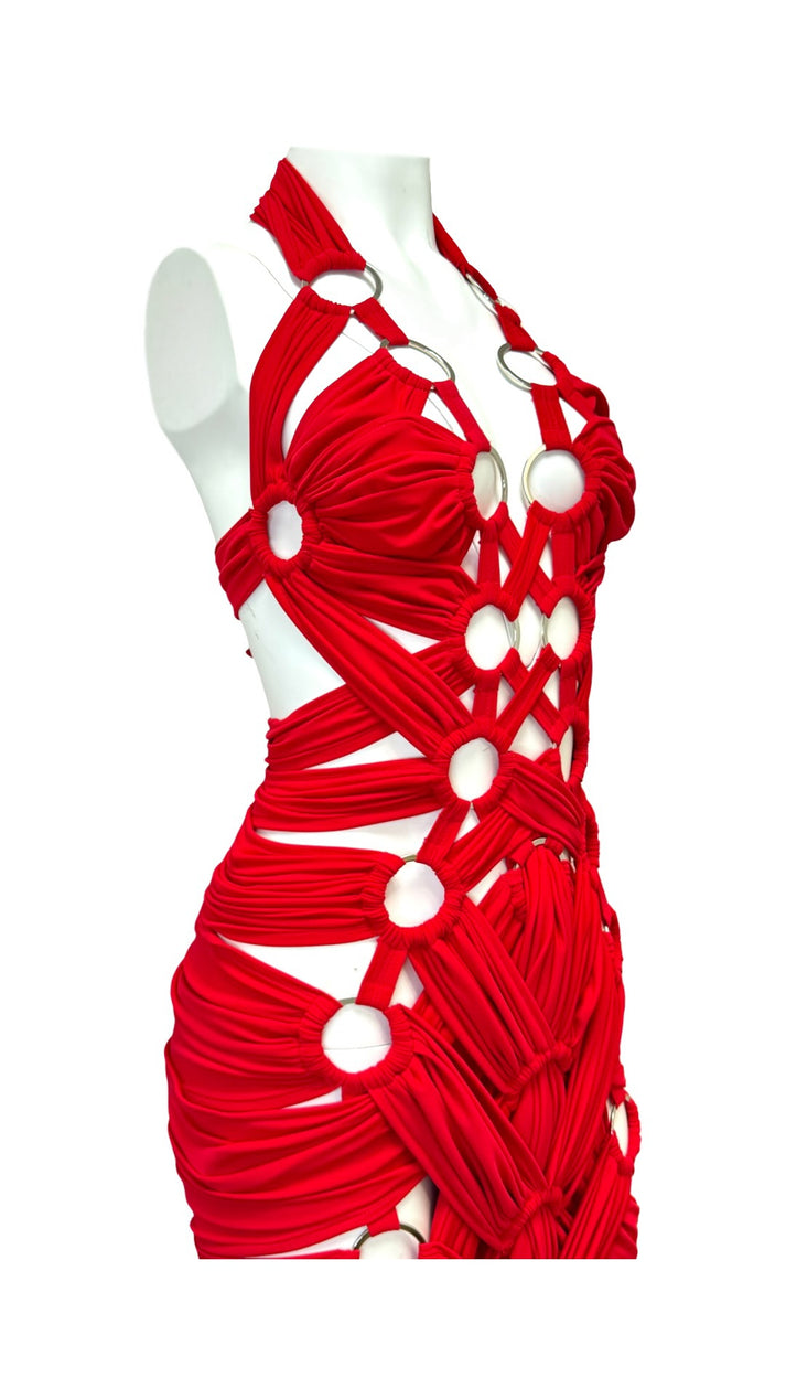 Red Macramé Cutout Maxi Dress