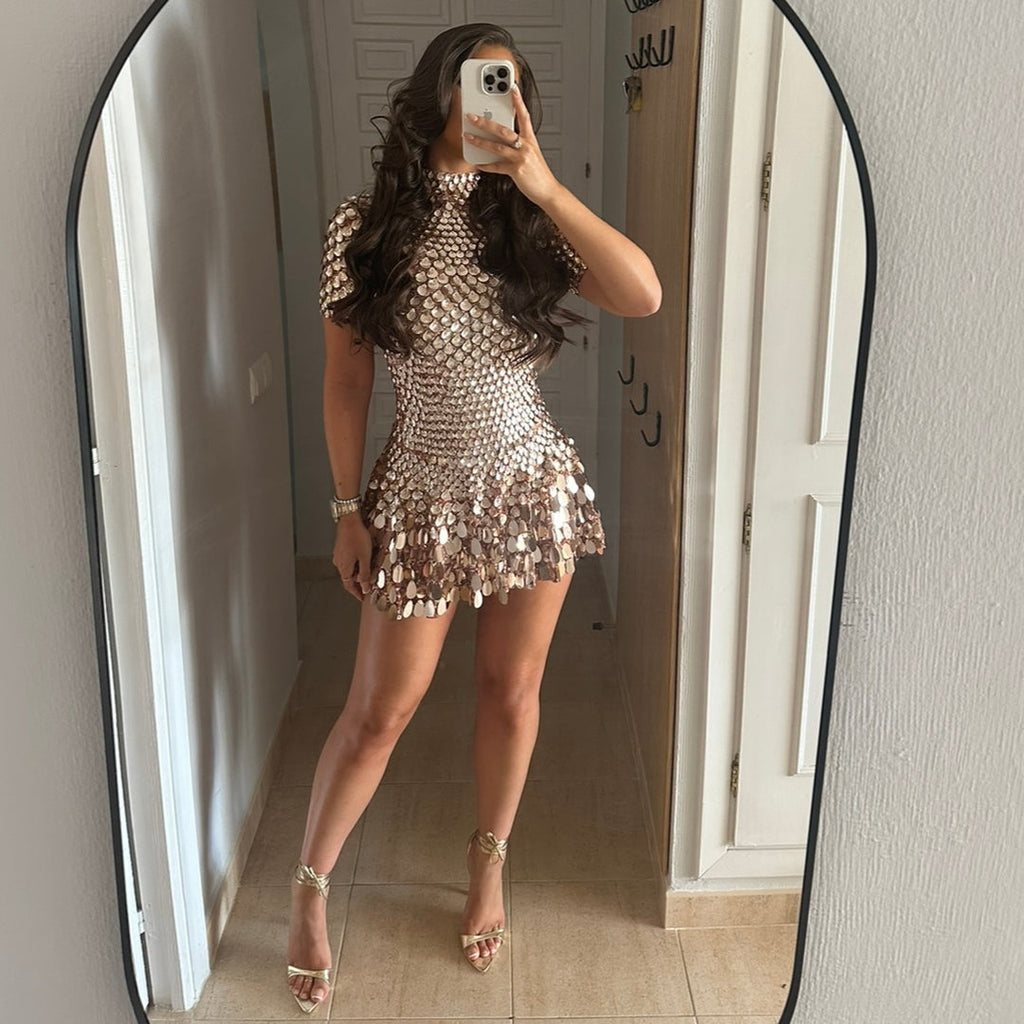 Rose Gold Sequin Disc Mini Dress