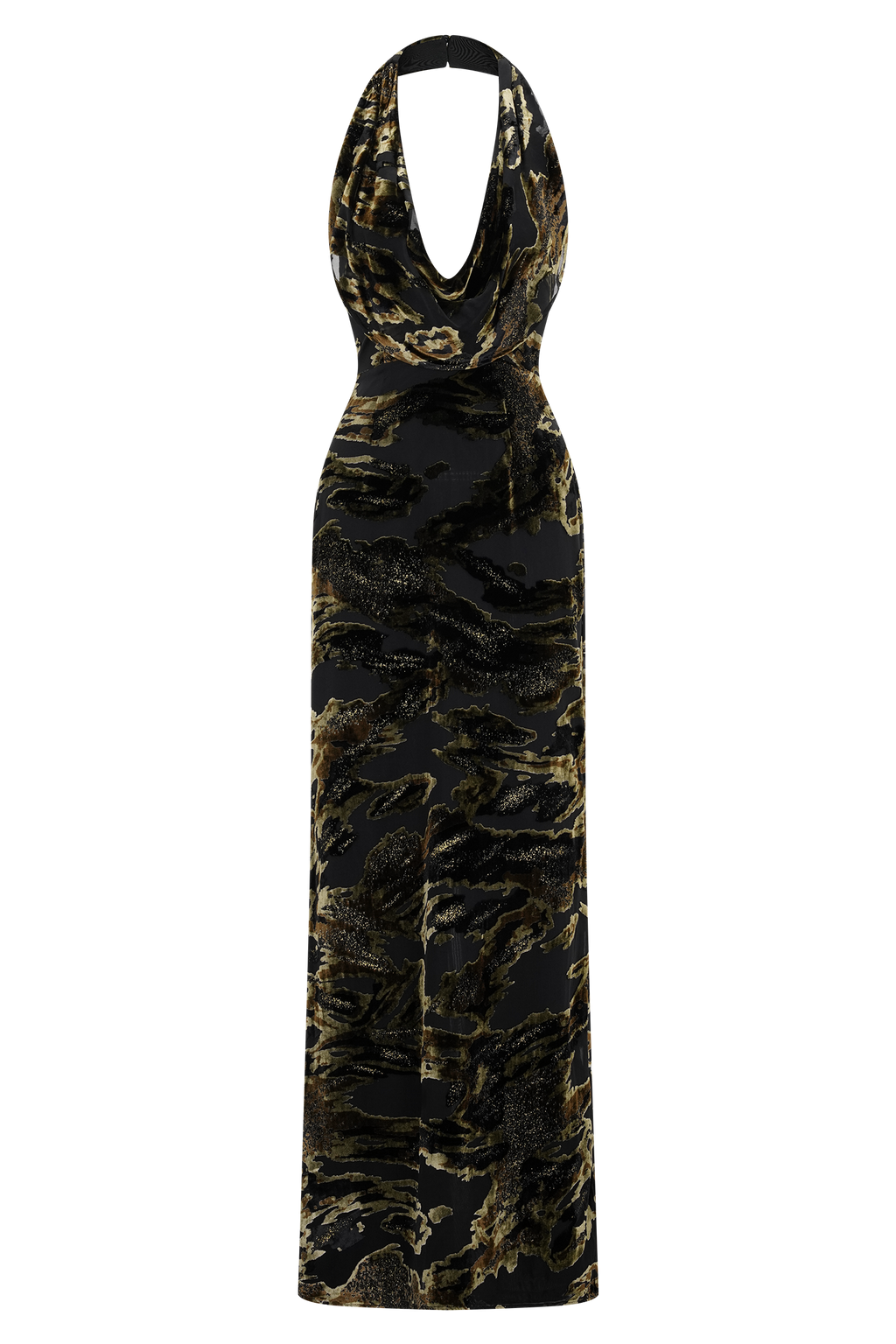 Black & Gold Velvet Abstract Print Halter Maxi Dress