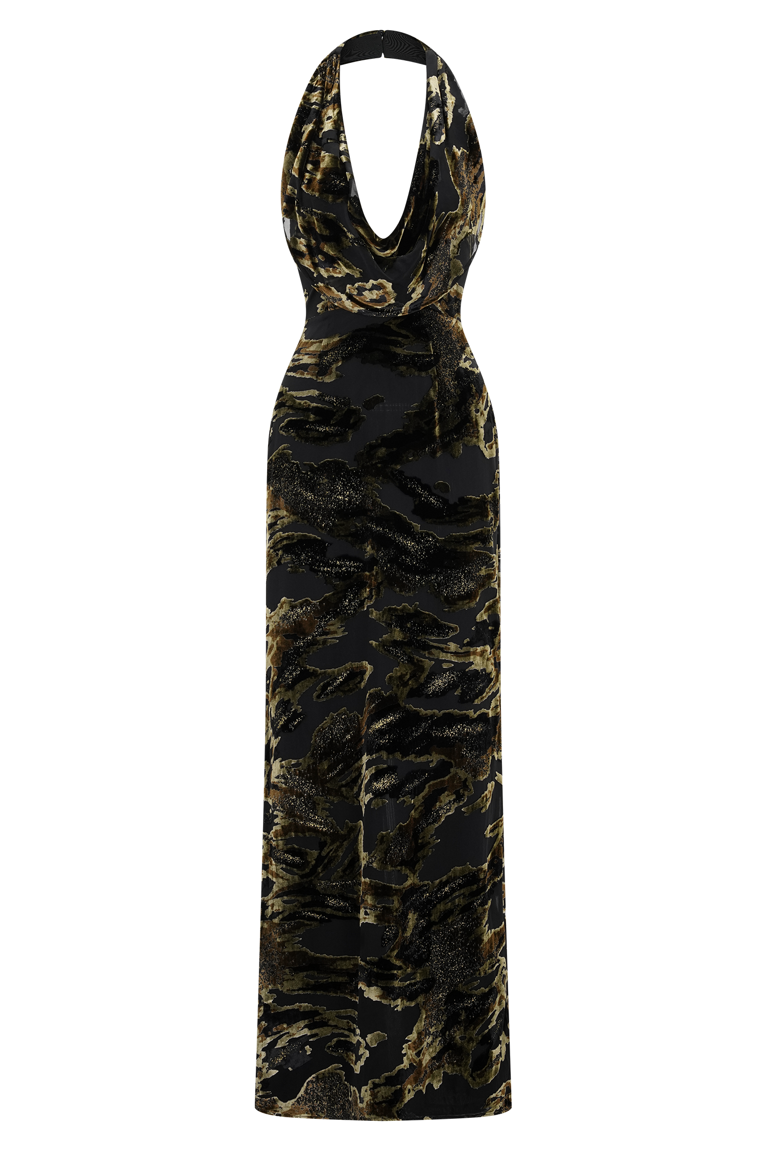 Black & Gold Velvet Abstract Print Halter Maxi Dress