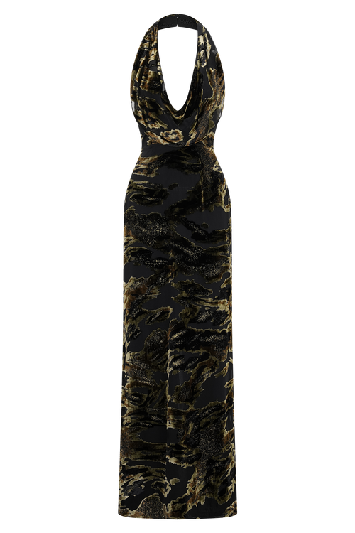 Black & Gold Velvet Abstract Print Halter Maxi Dress