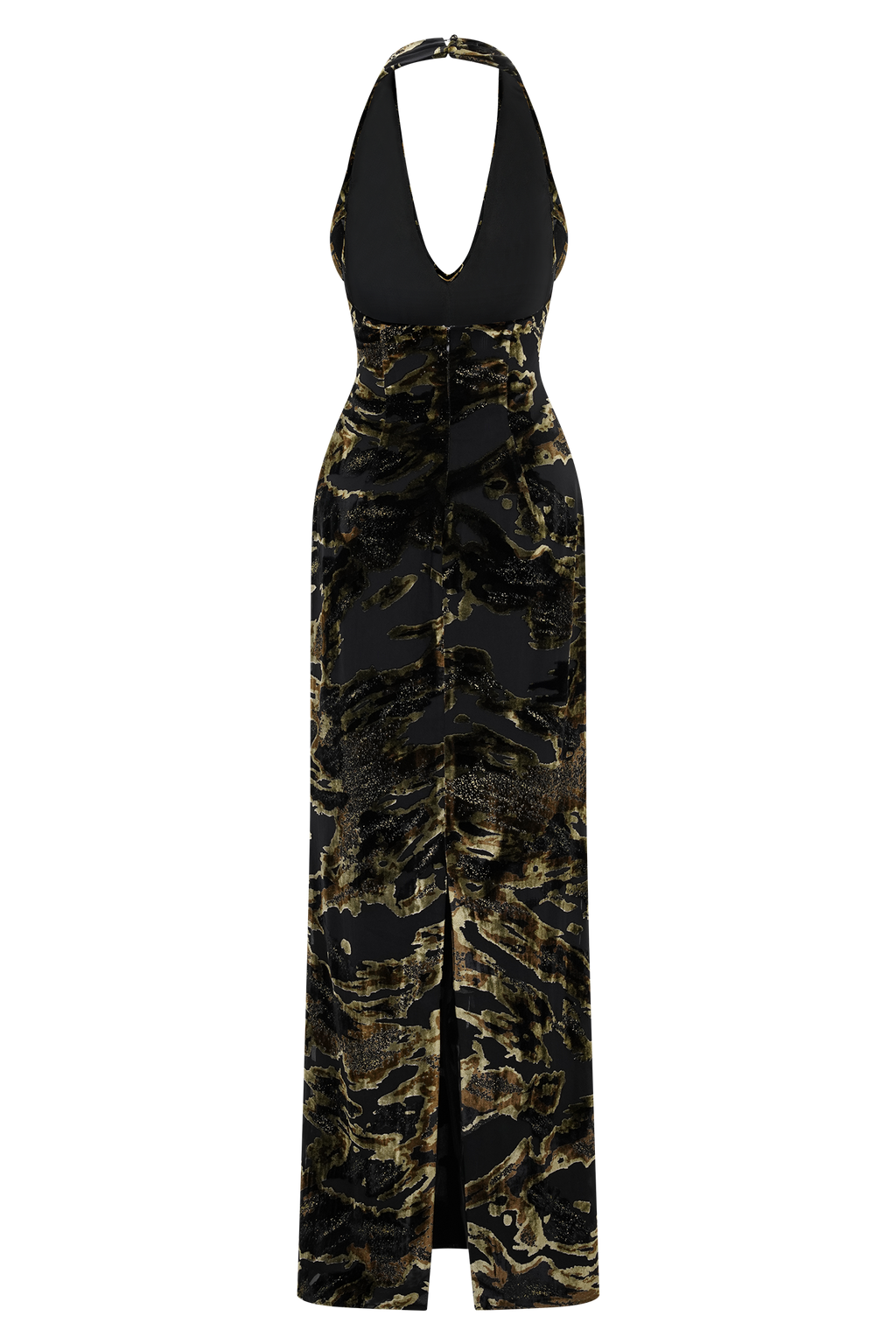 Black & Gold Velvet Abstract Print Halter Maxi Dress