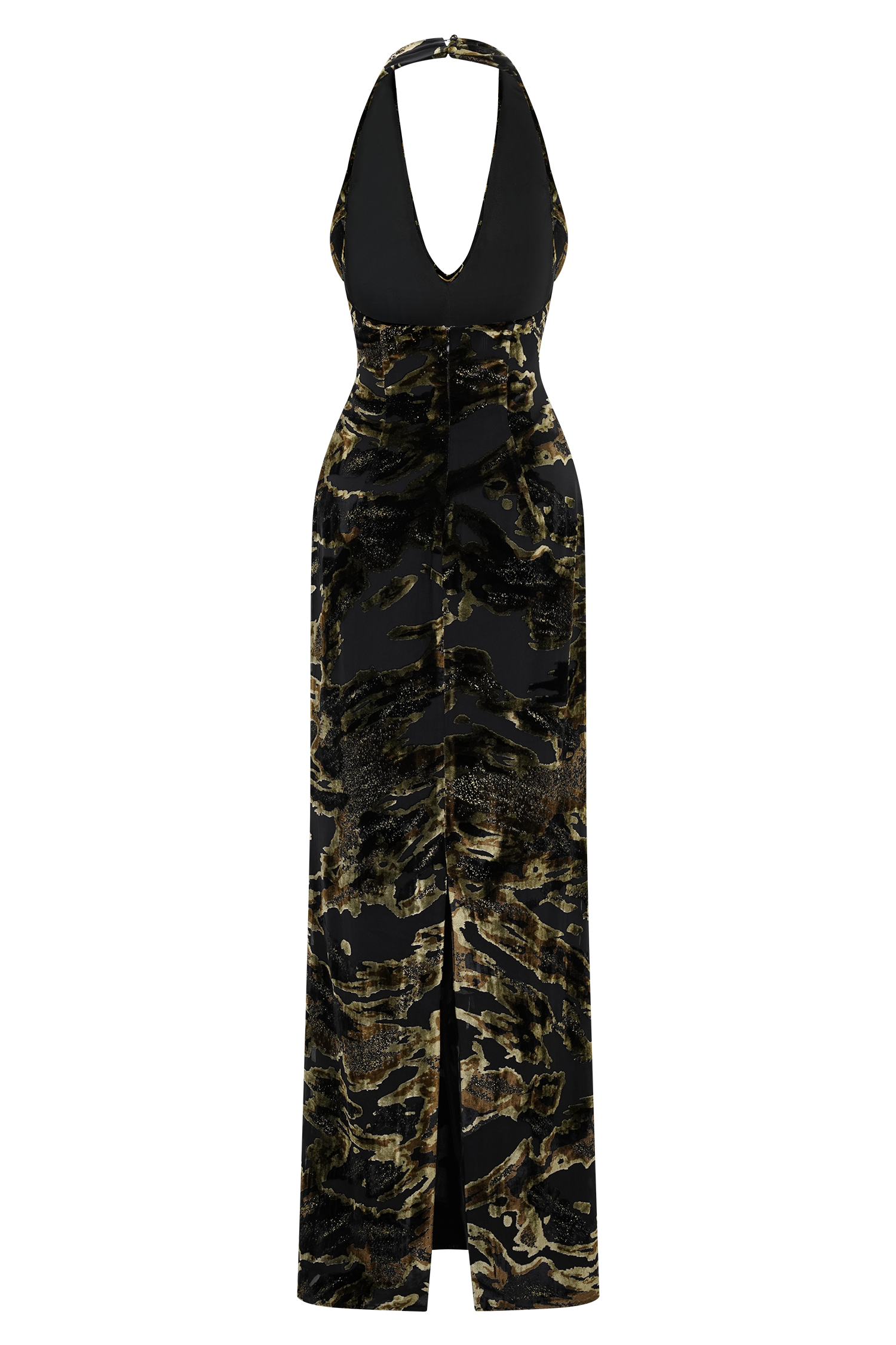 Black & Gold Velvet Abstract Print Halter Maxi Dress