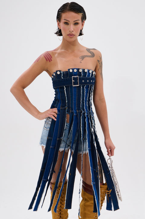 Denim Fringe Strapless Corset Top