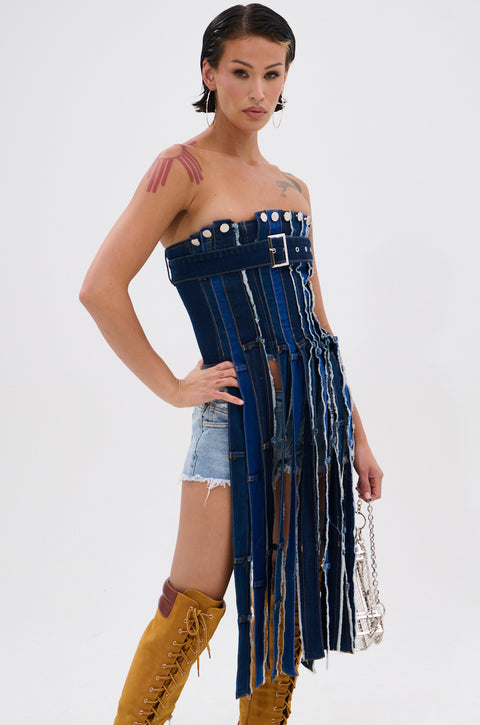 Denim Fringe Strapless Corset Top
