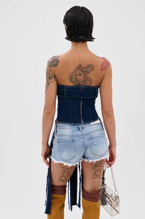 Denim Fringe Strapless Corset Top