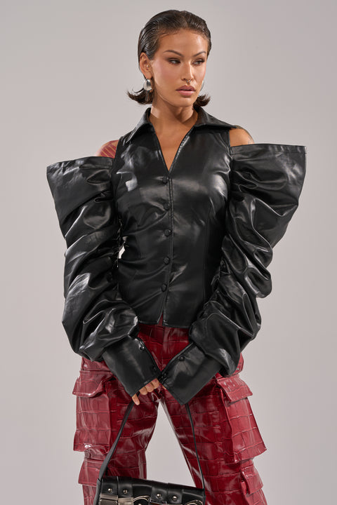 Faux Leather Cutout Puff Sleeve Shirt