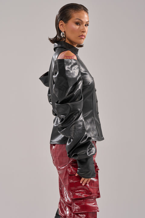 Faux Leather Cutout Puff Sleeve Shirt