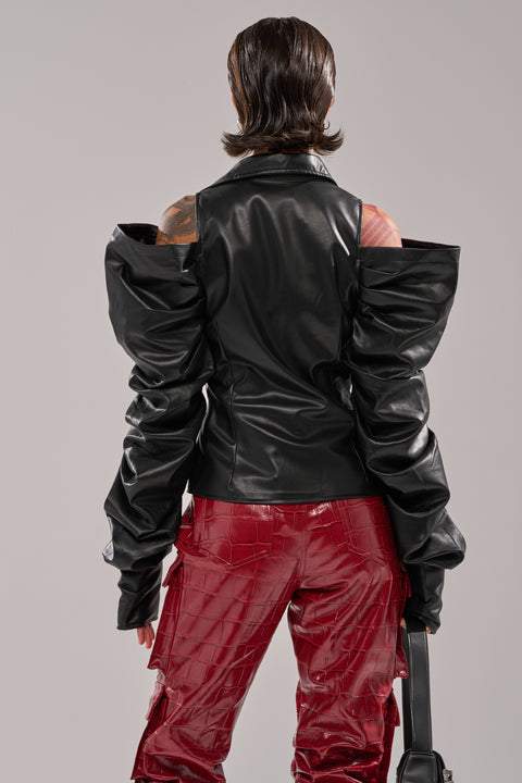 Faux Leather Cutout Puff Sleeve Shirt