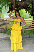 Yellow Halter Cutout Tiered Maxi Two-Piece Set