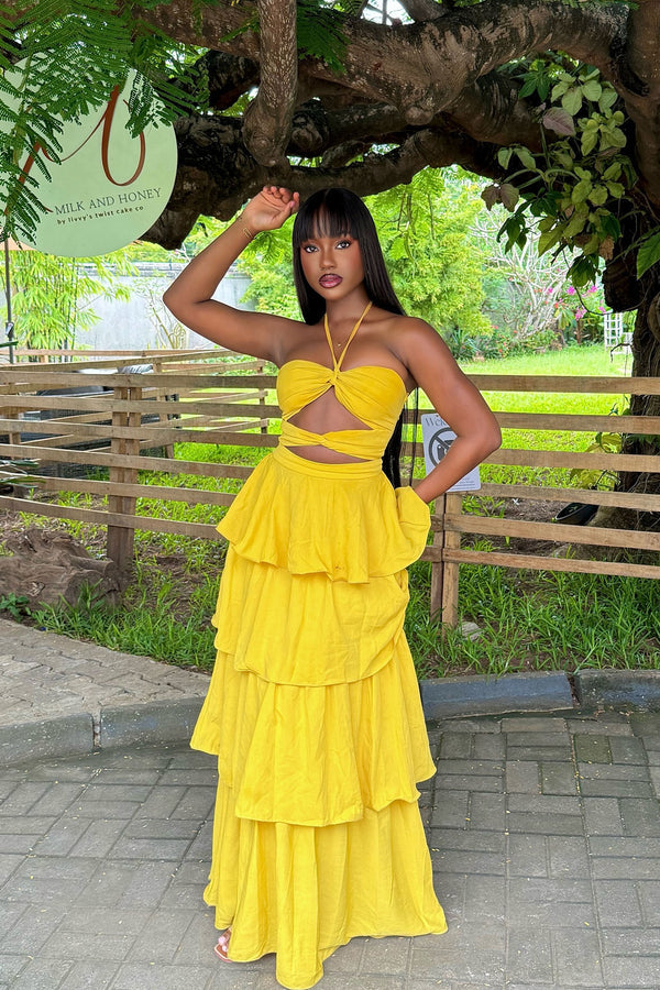 Yellow Halter Cutout Tiered Maxi Two-Piece Set