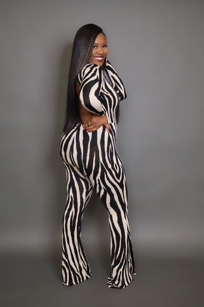 Zebra Print High-Neck Flared Jumpsuit