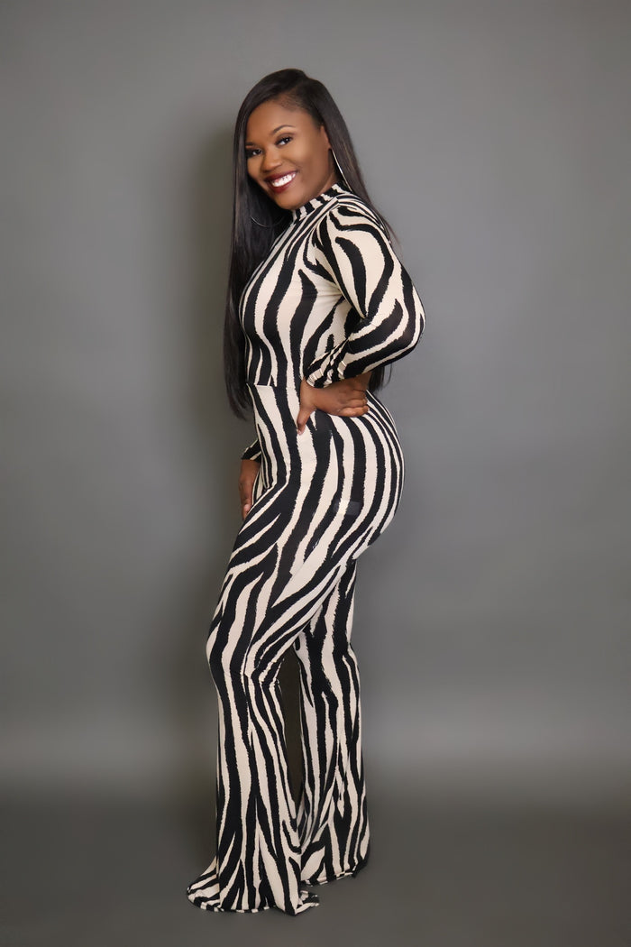 Zebra Print High-Neck Flared Jumpsuit