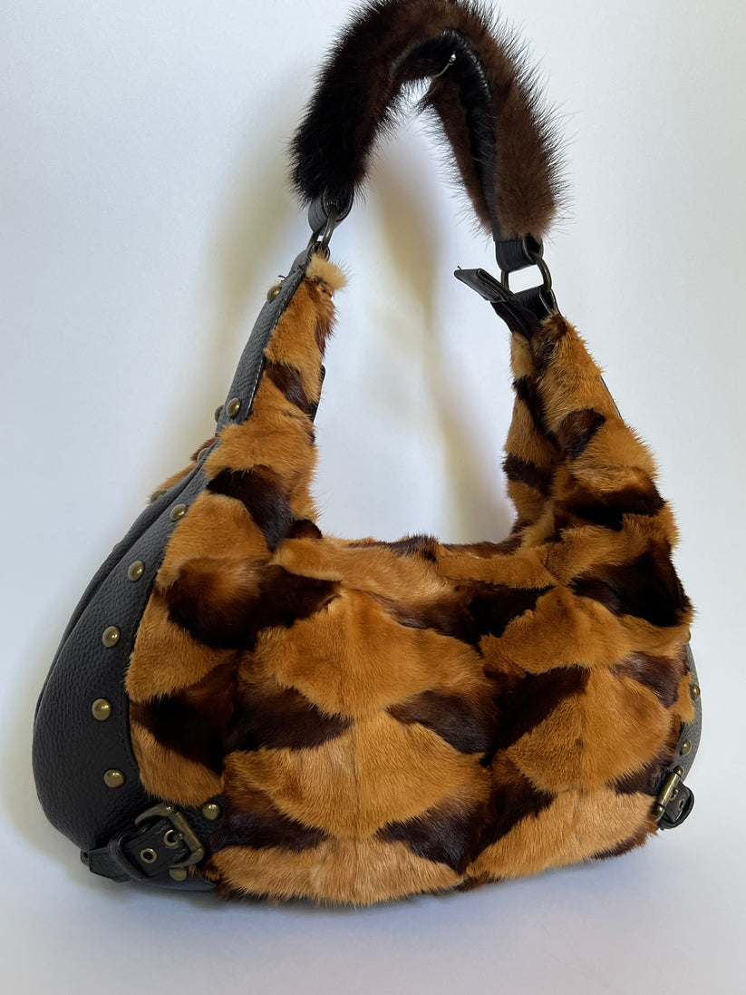Brown & Black Mink Fur Patchwork Black Leather Hobo Shoulder Bag