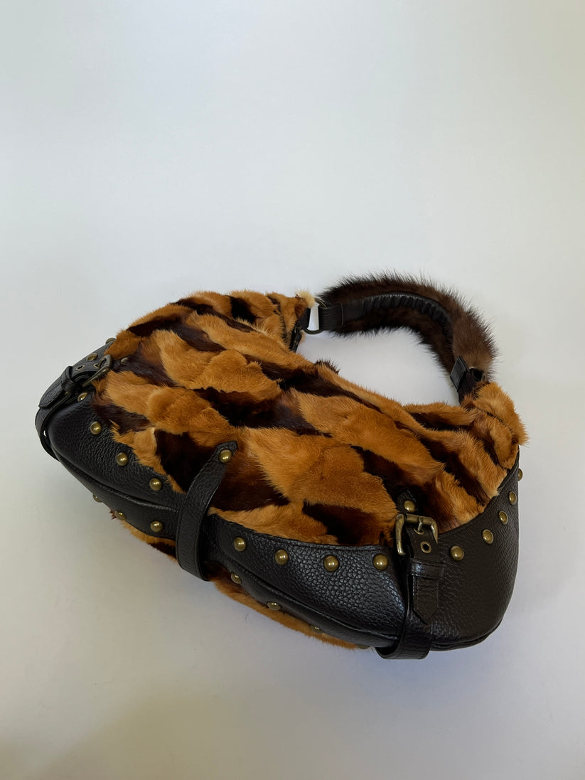 Brown & Black Mink Fur Patchwork Black Leather Hobo Shoulder Bag