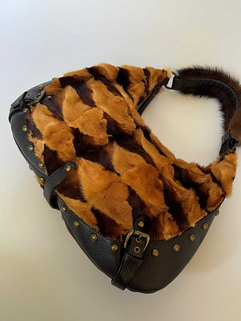 Brown & Black Mink Fur Patchwork Black Leather Hobo Shoulder Bag