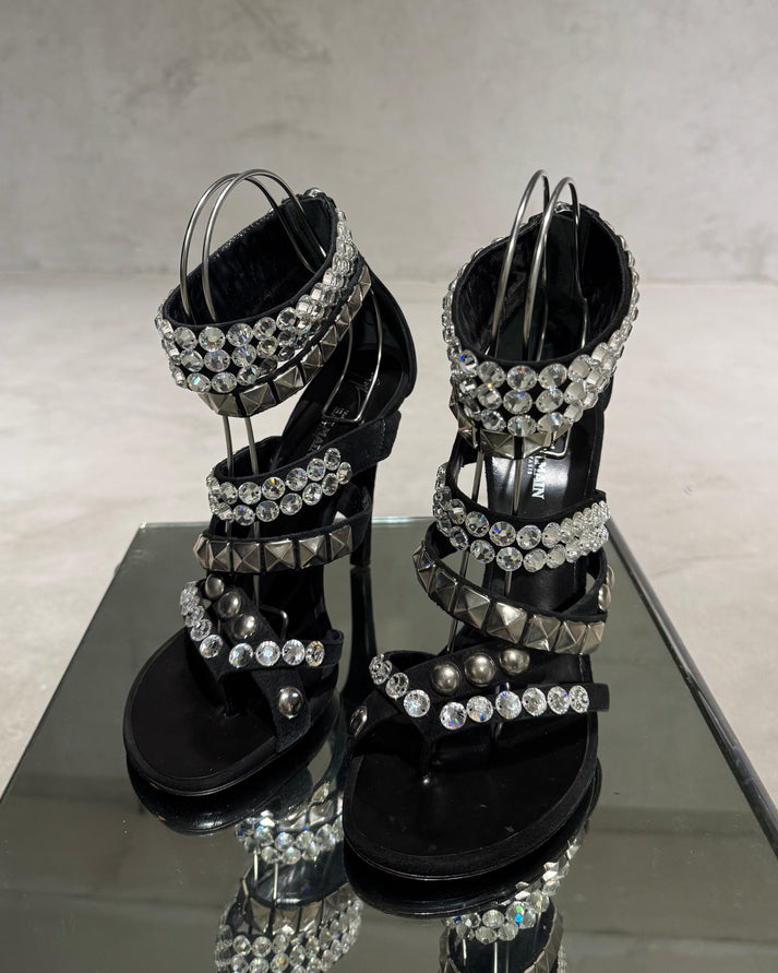 Black Suede Pyramid Stud & Crystal Caged Heels