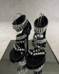 Black Suede Pyramid Stud & Crystal Caged Heels