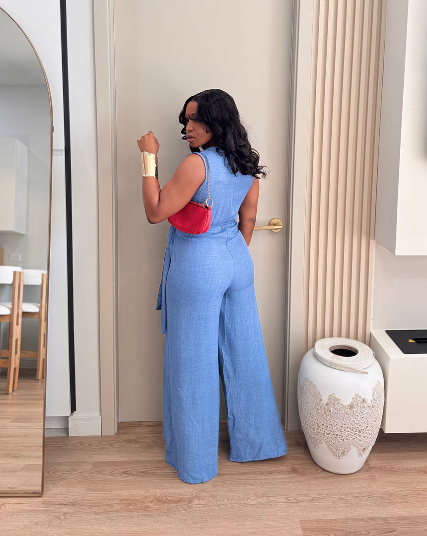 Light Blue Chambray Wrap Front Wide-Leg Jumpsuit