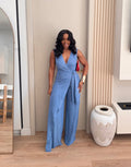 Light Blue Chambray Wrap Front Wide-Leg Jumpsuit