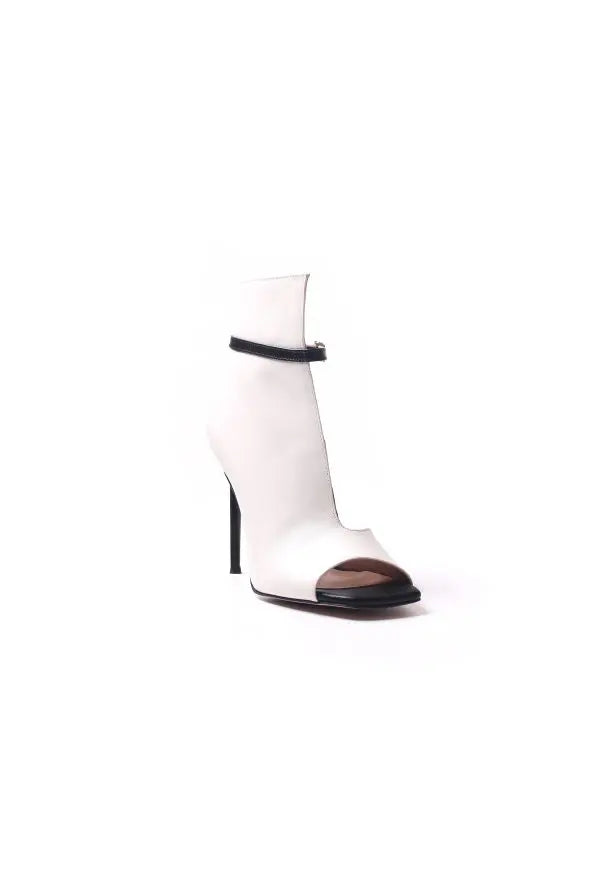 White & Black Two-Tone Peep-Toe Stiletto Ankle Boots