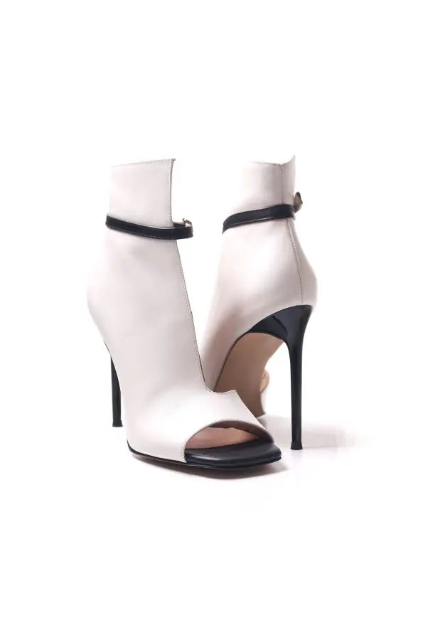 White & Black Two-Tone Peep-Toe Stiletto Ankle Boots