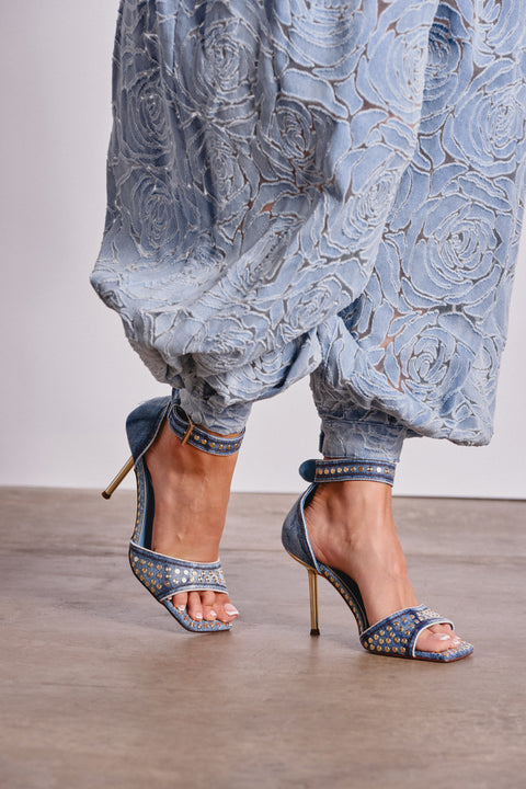 Light Wash Denim Gold Studded Heeled Sandals