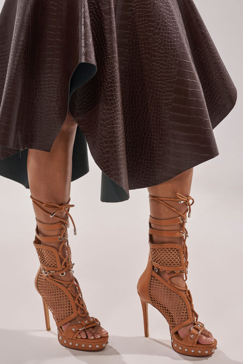 Tan Leather & Mesh Lace-Up Platform Heeled Sandals