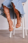 Tan Leather & Mesh Lace-Up Platform Heeled Sandals