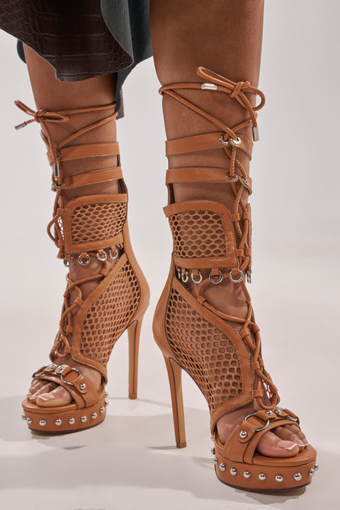 Tan Leather & Mesh Lace-Up Platform Heeled Sandals