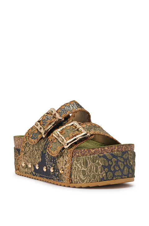 Olive Green Cork-Textured Platform Slide Sandals