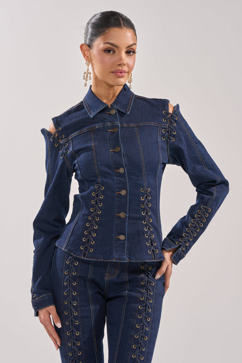 Dark Wash Lace-Up Denim Two-Piece Set