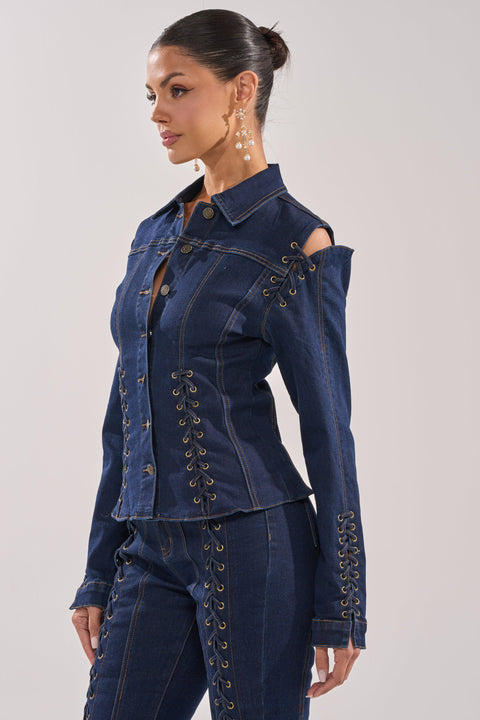 Dark Wash Lace-Up Denim Two-Piece Set