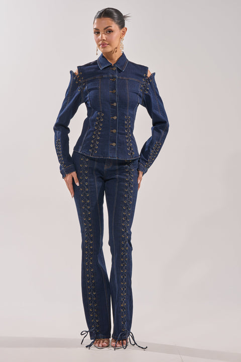 Dark Wash Lace-Up Denim Two-Piece Set