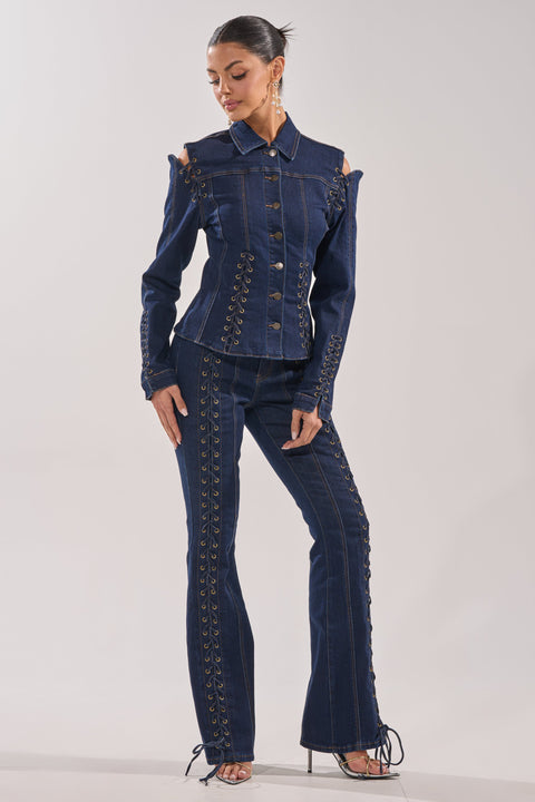 Dark Wash Lace-Up Denim Two-Piece Set