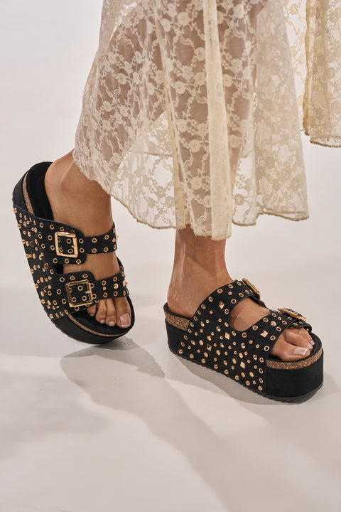 Olive Green Cork-Textured Platform Slide Sandals