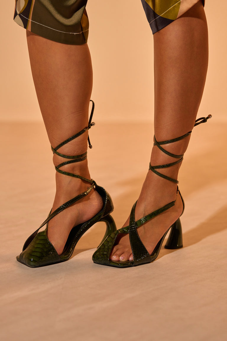 Leather Split-Toe Wrap-Around Ankle Heels