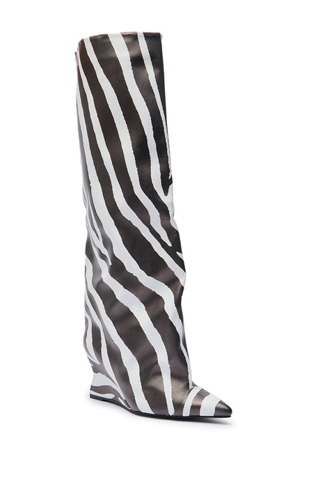 Zebra Print Pointed-Toe Wedge Knee-High Boots