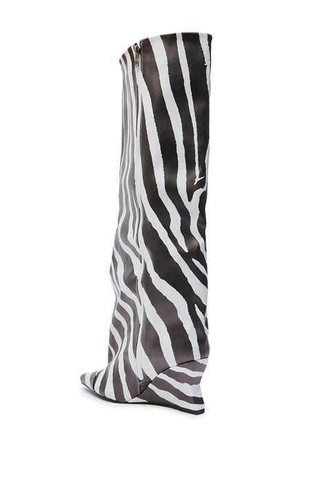 Zebra Print Pointed-Toe Wedge Knee-High Boots