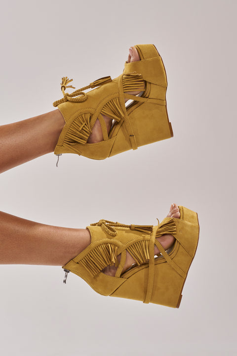 Mustard Yellow Suede Fringe Wedge Sandals