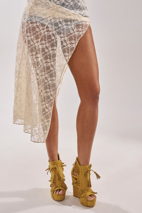 Mustard Yellow Suede Fringe Wedge Sandals