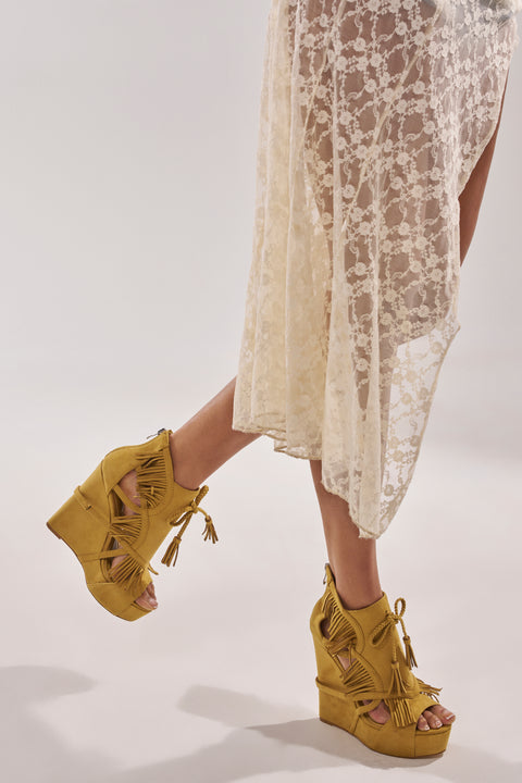 Mustard Yellow Suede Fringe Wedge Sandals