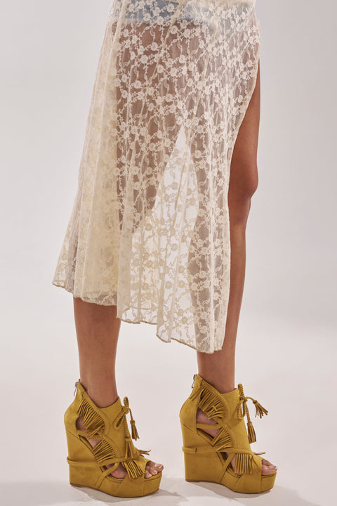 Mustard Yellow Suede Fringe Wedge Sandals
