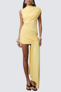 Yellow Draped Asymmetric Mini Dress