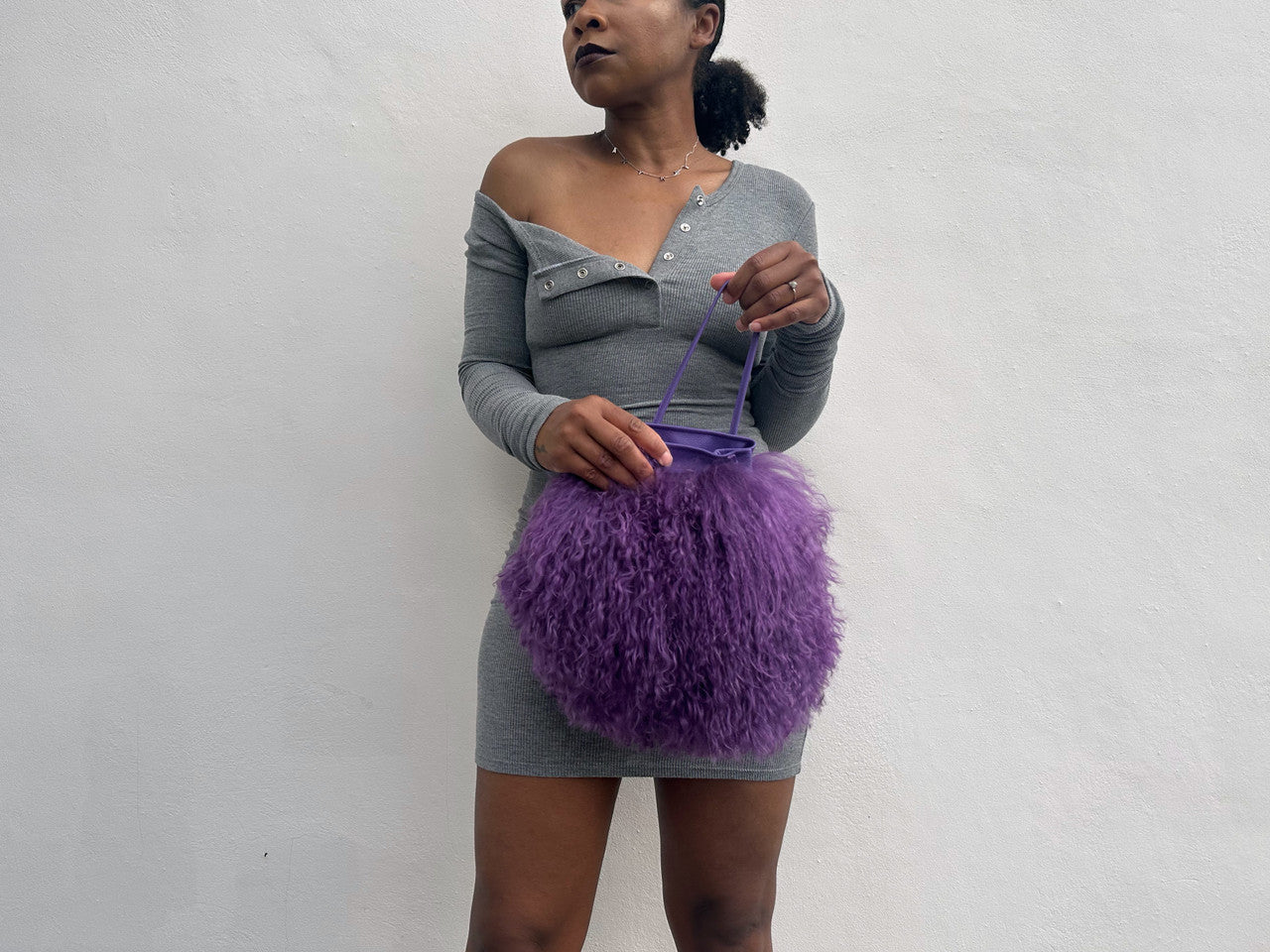 Purple Curly Fur Round Tote Bag