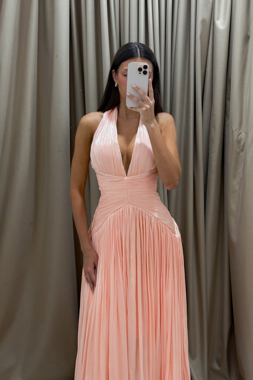 Peach Halter Pleated Maxi Gown