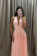 Peach Halter Pleated Maxi Gown